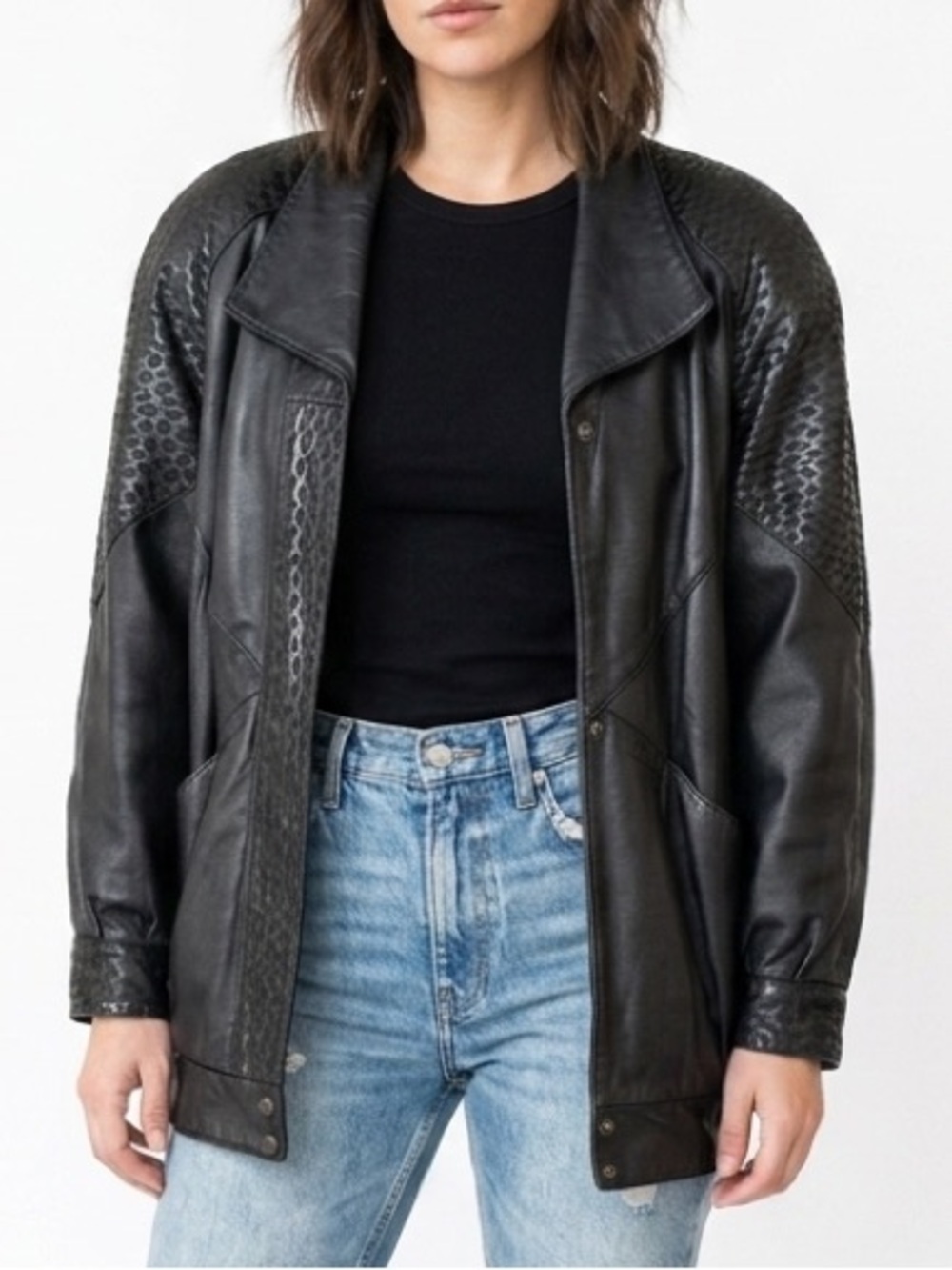 BRAEMAR Diane Charles Vintage 80’s Black Leather Jacket Zipper Boxy Medium